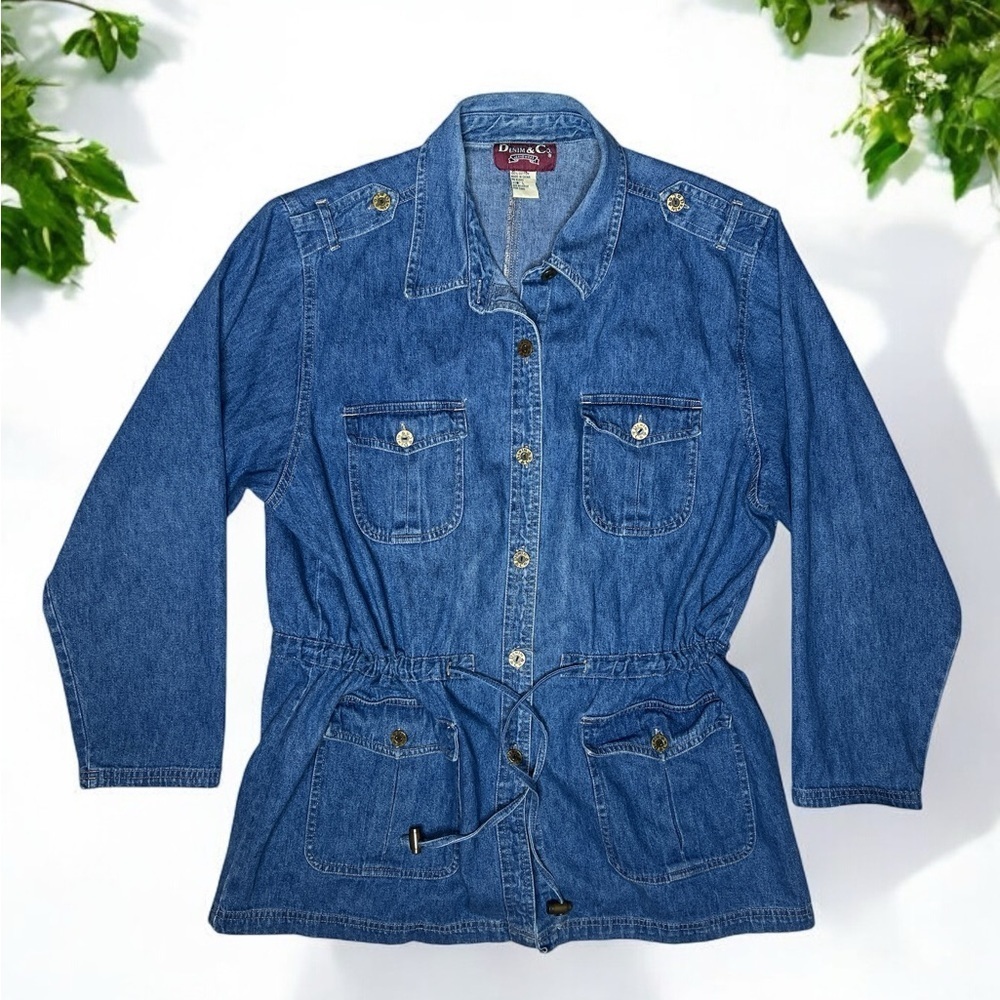 Vintage Denim & Co Denim Utility Jacket L 90s Drawstring Chore Barn Coat